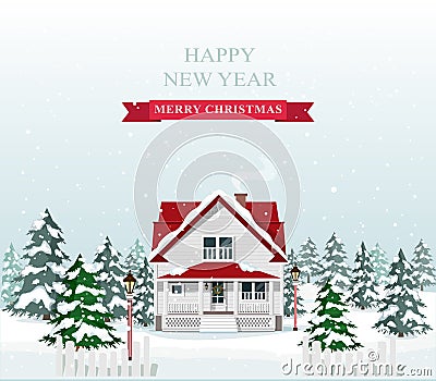 Cute stylish european house decorated for Christmas. Merry Christmas landscape. Vector illustration. Vector Illustration