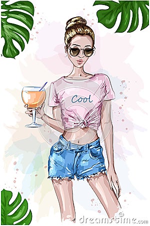 Cute stylish girl in crop top. Summer look. Fashion woman holding cocktail drink glass. Sketch. Summer set with green leaves. Vector Illustration