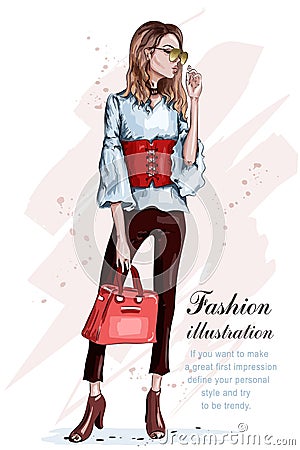 Cute stylish girl in fashion clothes. Fashion woman with bag. Hand drawn brunette woman. Sketch. Vector Illustration