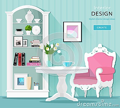 Cute stylish graphic room decor. Light colored room interior with table, armchair and cupboard. Flat style. Vector Illustration