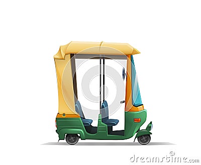 Cute stylized tuk tuk, indian auto rickshaw taxi on white background. Vector Illustration