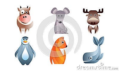 Cute Stylized Wild Animals Collection, Cow, Mouse, Moose, Penguin, Whale Vector Illustration Vector Illustration