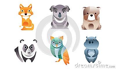 Cute Stylized Wild Animals Collection, Fox, Dog, Koala, Panda, Owl, Hippo Vector Illustration Vector Illustration