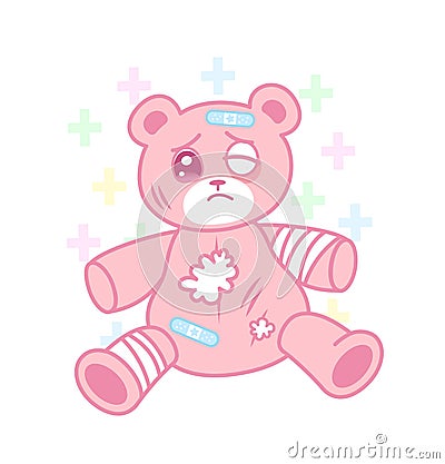 Cute suffering bear with injured body yami kawaii style Vector Illustration