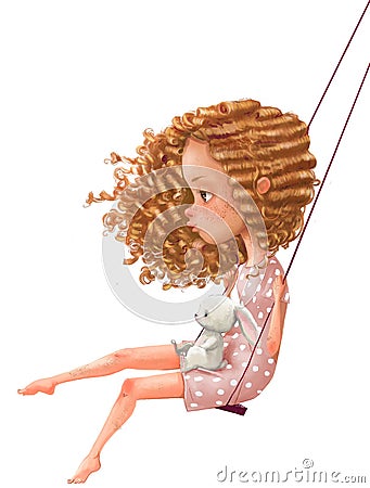 Cute cartoon girl on swing with hare Stock Photo