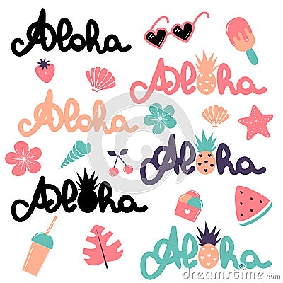 Cute vector summer elements collection with hand drawn lettering word aloha, watermelon, smoothie, monstera, ice cream, pineapple, Vector Illustration