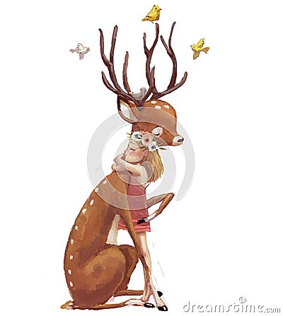 Cute summer girl with deer Stock Photo