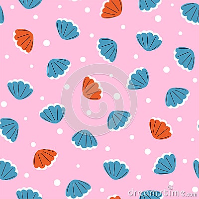 Cute summer marine print with colorful seashells on pink background Vector Illustration