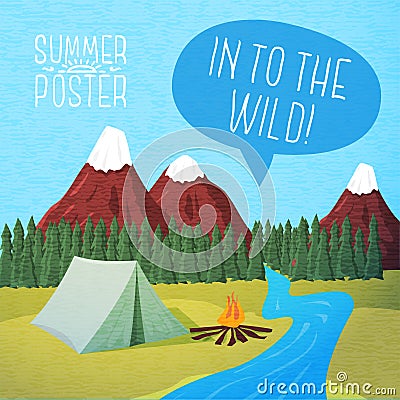 Cute summer poster - camping landscape with tent Vector Illustration