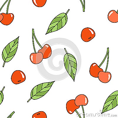 Cute summer seamless pattern with bright ripe red cherries and leaves on a white background Vector Illustration