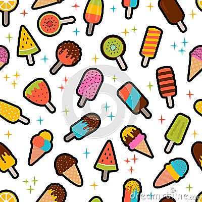 Cute summer seamless pattern with ice cream. Colorful wrapping paper, fabric. Sweet background Vector Illustration