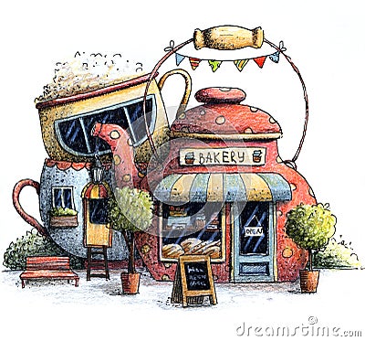 Cute summer and spring bakery shop with trees, cakes, cup and kettle. Cartoon Illustration