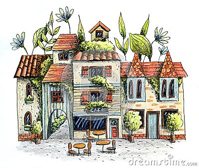 Cute summer and spring cafe shop with trees, flowers, and table. Cartoon Illustration