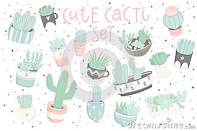 Cute summer sticker set with cacti and succulents Vector Illustration