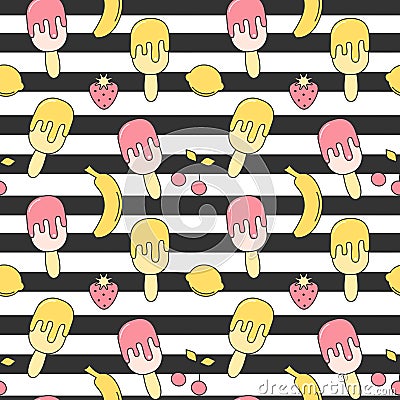 Cute summer striped seamless vector pattern background illustration with ice cream, strawberry, lemon, cherry and banana Vector Illustration