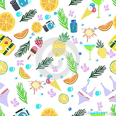 Cute summer vacation seamless pattern. Fresh fruits, pineapples, oranges Vector Illustration