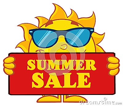 Cute Sun Cartoon Mascot Character With Sunglasses Holding A Sign With Text Summer Sale. Vector Illustration