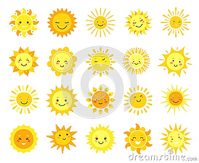 Cute sun. Cartoon sunny emoji, happy yellow sun characters with smile, sunshine emoticon, funny kawaii vector set Vector Illustration