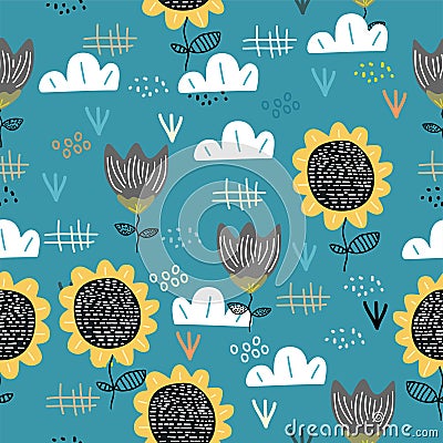 Cute sun flower seamless pattern with children drawing scandinavian art background. Botanical cartoon nature elements for baby and Vector Illustration