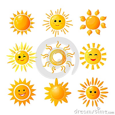 Cute sun. Hand drawn sunshine. Summer morning sunrise. Doodle vector warming joy icons Vector Illustration