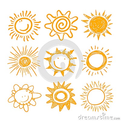 Cute Sun Icons Set. Yellow Childish Doodle Emoticons Collection. Smiling Sun with Sunbeams Vector Illustration