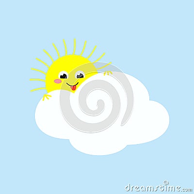 Cute sun looking out from behind a cloud and showing its tongue Vector Illustration