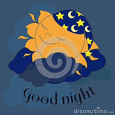 Cute sun in nightcap is sleeping in the clouds and smiling happily. Cartoon Illustration