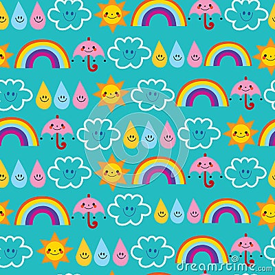 Cute sun umbrella raindrop clouds rainbow seamless pattern Vector Illustration