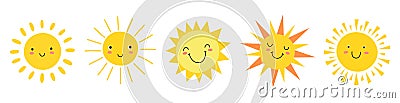 Cute suns. Sunshine emoji, cute smiling faces. Summer sunlight emoticons and morning sunny weather. Isolated funny Vector Illustration