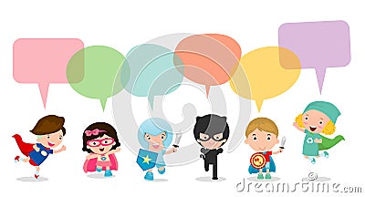 Cute superhero kids with speech bubbles, Set of superhero child with speech bubbles isolated on white background,Vector Vector Illustration