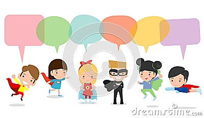 Cute superhero kids with speech bubbles, Set of superhero child with speech bubbles isolated on white background,Vector Vector Illustration