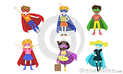 Cute Superhero Kids of Various Nationalities Set, Happy Adorable Boys and Girls in Costumes of Superhero, Capes amd Vector Illustration