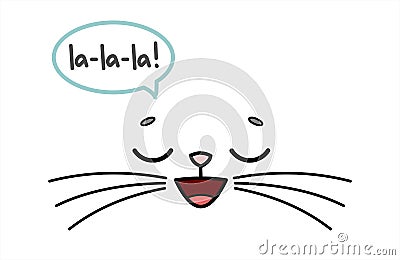 Cute, Surprised Animal Face. The Face Of A Cat With A Mustache, Smiles, Closing His Eyes, Sings La-la-la. Image For Children`s Vector Illustration