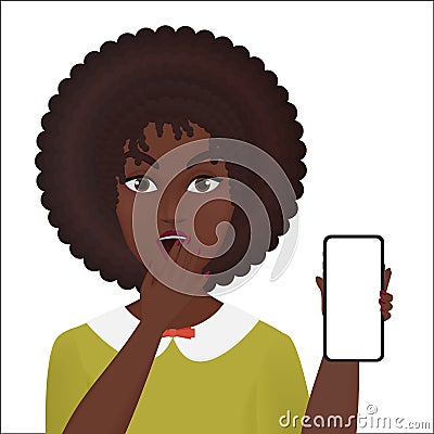 Cute surprised young african american female holding new smartphone isolated. Vector Illustration