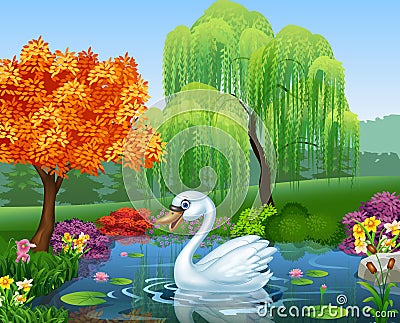 Cute swan floats on mountain river Vector Illustration