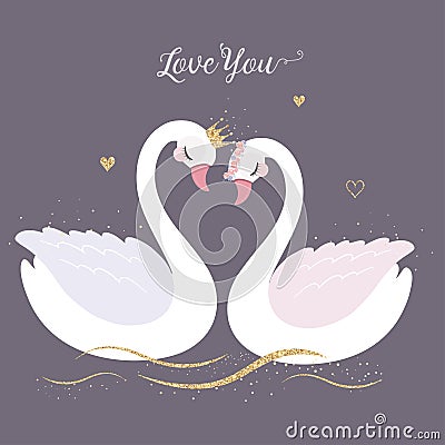 Cute Swan with gold glitter crown for wedding invitation Vector Illustration