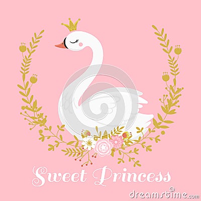 Cute swan princess. Beautiful lake swans bird in golden crown, sweet princess girl gift card vector illustration Vector Illustration