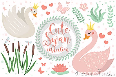 Cute swan princess character set of objects. Collection of design element with swans, reeds, water lily, flowers, plants Vector Illustration