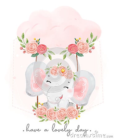 Cute sweet baby elephant pink girl adorable smile sitting on flower swing, watercolor animal cartoon han drawn illustration Cartoon Illustration