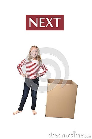 Cute and sweet blond hair child standing next to cardboard box learning English card set Stock Photo