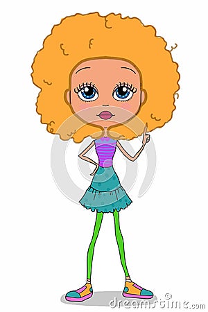 Cute sweet cartoon curly hair girl characters illustration drawing white background Cartoon Illustration