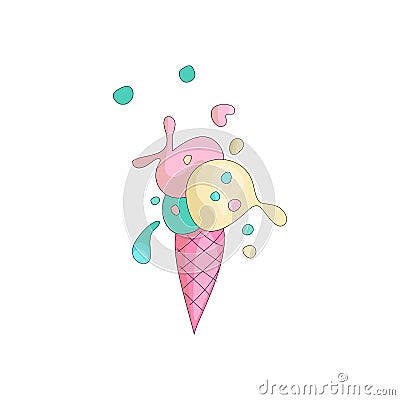 Cute sweet colored ice cream with pink cartoon waffle. Sweet summer ice cream dessert. Colored icecream icon with Vector Illustration