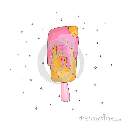 Cute sweet colored ice lolly with pink cartoon decoration. Sweet summer ice lolly dessert. Colored ice cream cartoon Vector Illustration