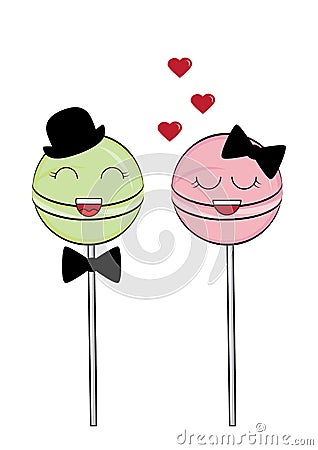 Cute sweet couple. love. Two round cartoon candy. Kawaii. Valentines day. Vector Stock Photo