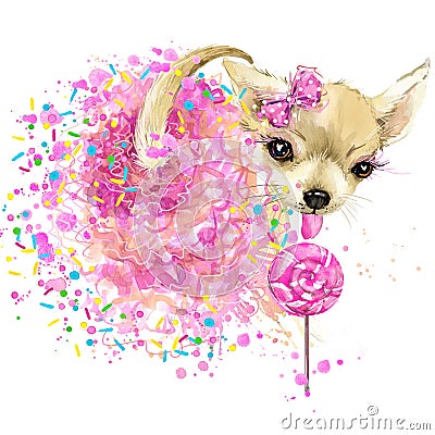 Cute sweet dog T-shirt graphics. Funny dog illustration with splash watercolor textured background. Cartoon Illustration