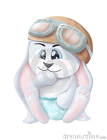Cute sweet dream rabbit, sketch illustration. Hand drawn bunny in pilot helmet Cartoon Illustration