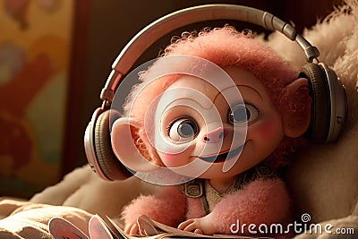 a cute and sweet fairy baby monkey, sweet smile, wearing a big headphone Stock Photo