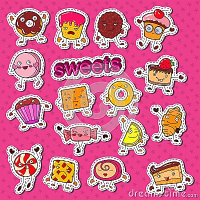 Cute Sweet Food Candy Characters Doodle with Cookie, Cupcake and Lollipop for Prints, Stickers and Badges Vector Illustration