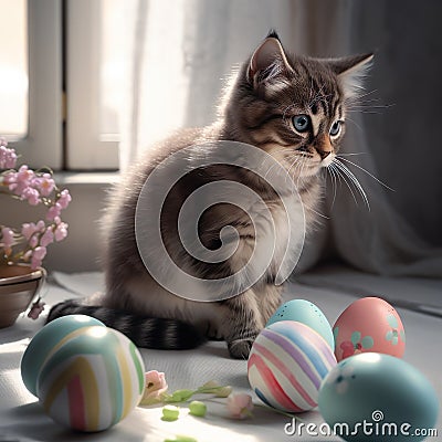 cute sweet grey tabby Baby Cat sitting in a room with window and looking on many beautifull painted easter eggs Cartoon Illustration