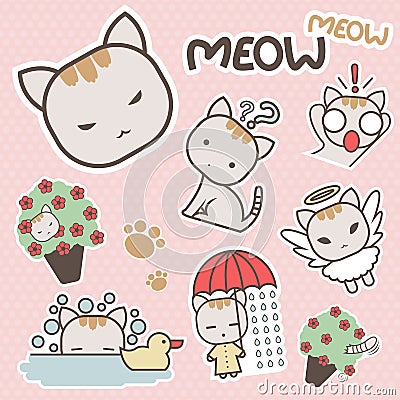 Cute And Sweet Meow Cat Cartoon Sticker Art - Vector Vector Illustration